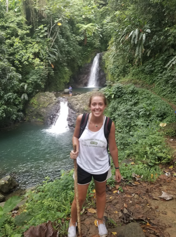 Karen Weckler explored waterfalls and Phoebe Austerman took in the city views when they traveled to Grenada with Honors Associate Dean Dr. Richard Frohock for his international Island as Text Honors seminar course in Summer 2019.